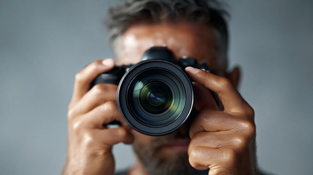 Male photographer holding a digital camera with a large lens, focused on the camera, with a blurred gray background creating a professional atmosphere for photography