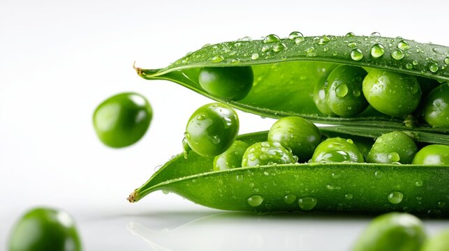 Fresh green pea pods with droplets of water, showcasing split pods and scattered peas on a white background, highlighting natural freshness and vibrant color