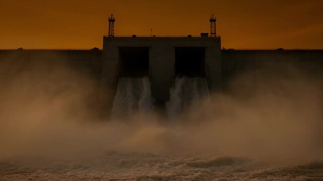Large dam with water cascading in a sunset setting