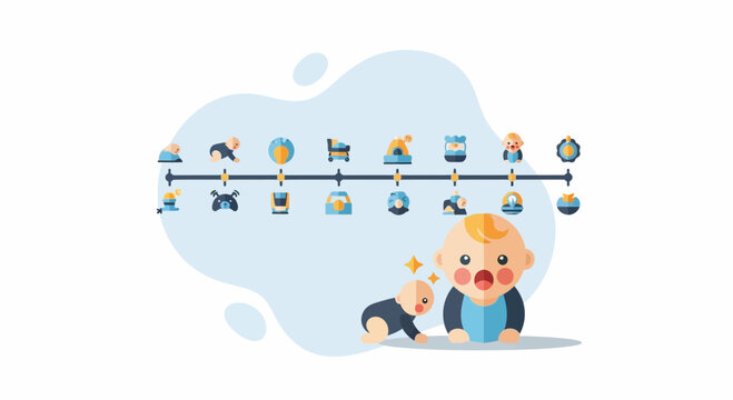 Baby Milestones Timeline with Cute Icons and Cartoon Babies.