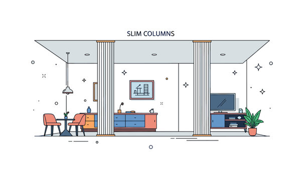 Slim columns modern interior scene where slim columns separate spaces in a contemporary room while small sparkle and line icons emphasize minimalism,