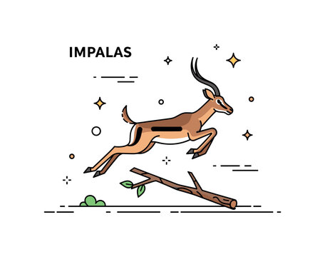 Impalas leaping action scene where a single impala jumps over a fallen branch while tiny sparkle and line icons highlight agility, energy, and