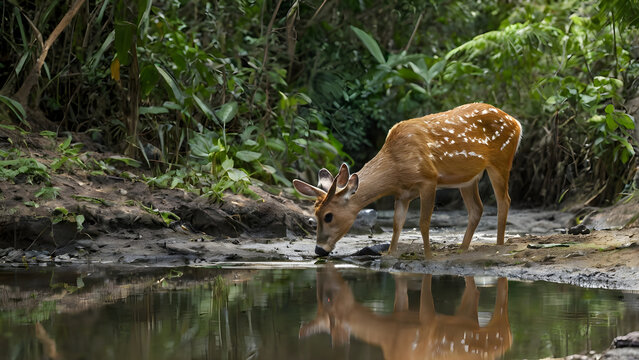 Jungle deer drinking water from small stream reflection visible peaceful scene