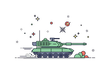 Fototapeta premium Tanks urban training exercise scene where a tank moves through streets or urban terrain while small sparkle and star icons emphasize maneuvering, strategy, and