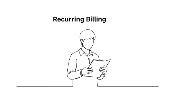 Recurring Billing. Minimalistic one-line drawing person reviewing subscription charges, continuous single black line on white background, simple outline style,