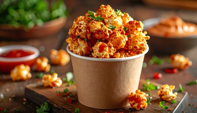 Sweet and savory caramel popcorn in a paper cup, with dipping sauces