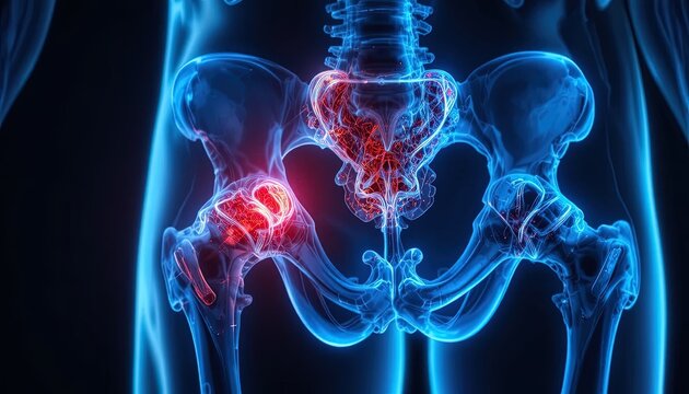 Hip Joint Inflammation: A Detailed 3D Medical Illustration of the Human Pelvis with Pain Localization