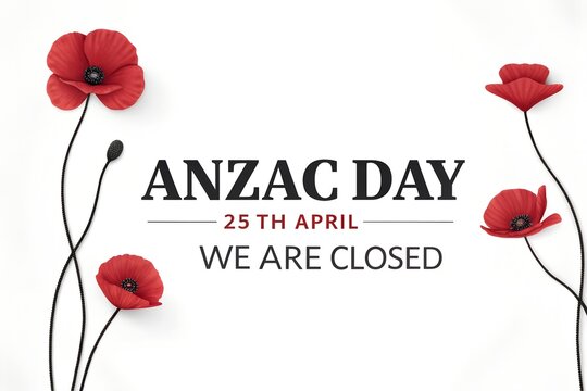 ANZAC Day Closed, ANZAC Day We Are Closed, ANZAC Day 25th April Closed, Red Poppies ANZAC Closure, ANZAC Day Business Closed