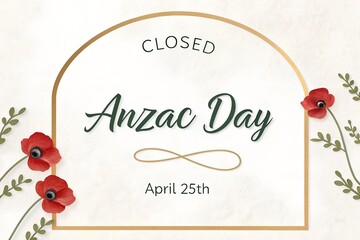 Closed on ANZAC Day, Elegant Arch ANZAC Closed Sign, Red Poppies ANZAC Day Closure, April 25th We Are Closed, Gold Frame ANZAC Closed Notice