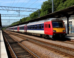 Fototapeta premium Red and blue passenger train arriving at a railway station with platforms, tracks, and overhead electrical lines visible in a green landscape