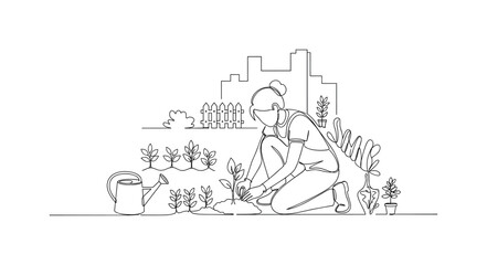 Obraz premium Community Garden Plot. Minimalistic one-line drawing individual planting seedlings in urban garden, continuous single black line on white background, simple