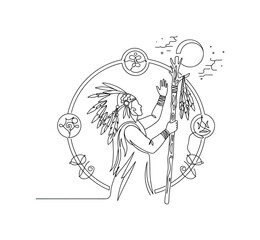 Obraz premium Mystical Ceremony. Minimalistic one-line drawing shaman with staff in ritual circle, continuous single black line on white background, simple outline style, no