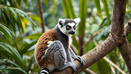 Naklejka premium Lemur sitting on tree branch in tropical jungle alert expression soft daylight detailed fur texture
