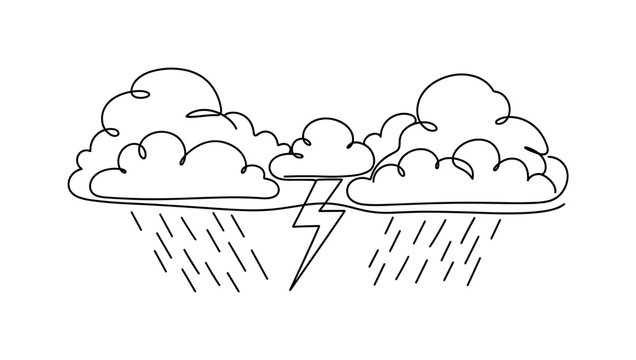 Storm Clouds Scene. Minimalistic one-line drawing clouds converging with lightning and rain, continuous single black line on white background, simple outline