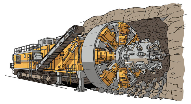 Large tunnel boring machine excavates underground.