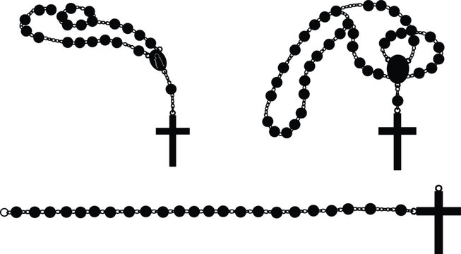 Set of holy rosary silhouettes featuring prayer beads with catholic crucifix crosses for religious devotion, spiritual meditation, and Christian faith-based design elements.