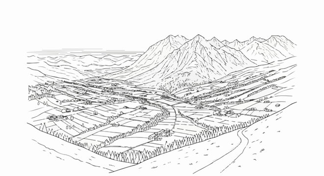 A detailed ink drawing of a vast mountain valley with scattered homes and fields