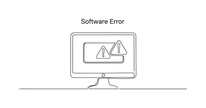 Software Error. Minimalistic one-line drawing monitor with error message popup and exclamation symbol, continuous single black line on white background, simple
