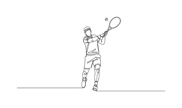Tennis Forehand. Minimalistic one-line drawing player performing forehand swing, continuous single black line on white background, simple outline style, no
