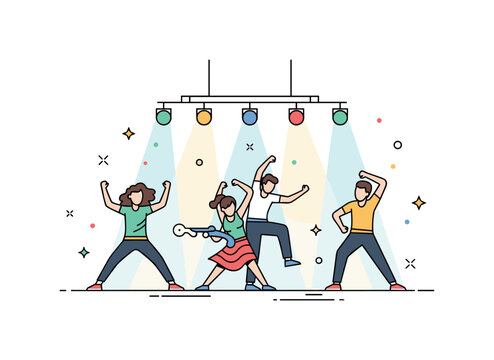 Dance festival vibrant stage scene where performers strike dynamic poses under colorful lights while tiny sparkle and star icons highlight energy, movement,