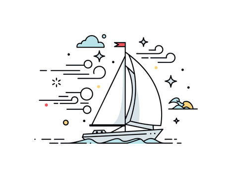 Sailing boat windy sea concept where sails are full of wind while small sparkle and star icons emphasize adventure, freedom, and motion. The composition