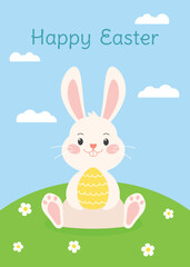 Fototapeta premium Easter greeting card template with cute easter bunny. Rabbit sits on the grass and holds easter egg. Vector illustration