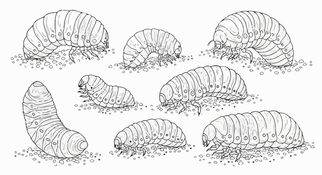 Diverse group of segmented grub-like creatures with legs in various poses