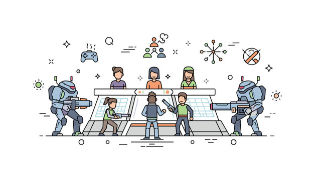 Game characters futuristic arena scene where mech suits and avatars prepare for battle while small sparkle and line icons emphasize action, strategy, and
