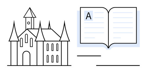 Obraz premium Education, storytelling, architecture, history, knowledge, learning concepts. Illustration shows a medieval castle and an open book. Education and storytelling concept