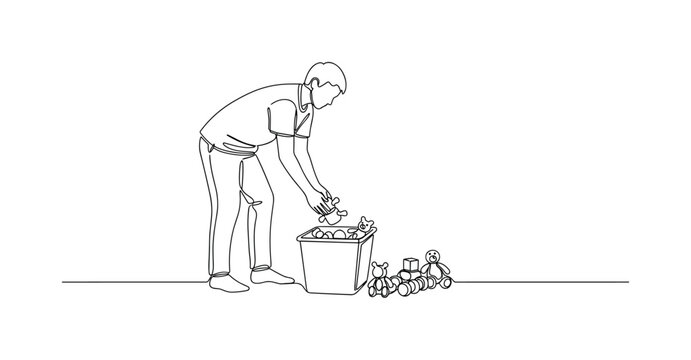 Cleaning Toys. Minimalistic one-line drawing person picking up toys from floor and placing into storage bin, continuous single black line on white background,