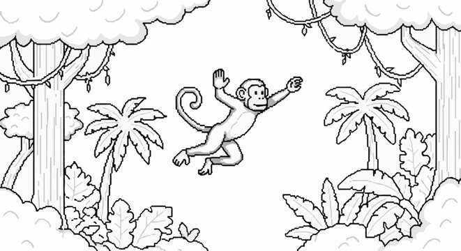 Pixelated monkey swinging through a jungle canopy with palm trees