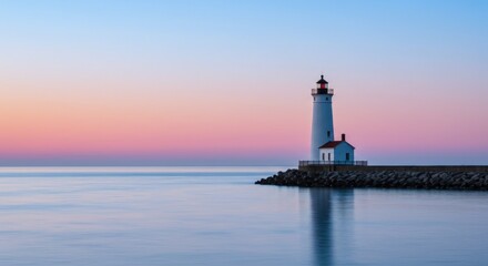 Fototapeta premium Coastal lighthouse structure at dusk with calm water and colorful sky reflecting in the sea