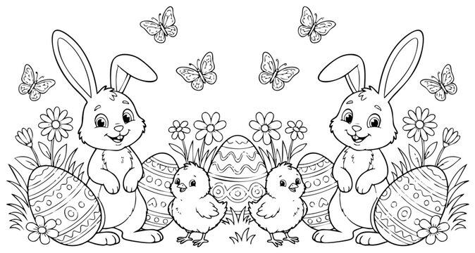a4 colouring page bunny painting an easter egg. ready to print on standard A4 paper.