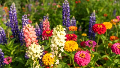 Obraz premium Close-up shot of a vibrant garden in bloom. Various colorful flowers in a mix of shapes and shades fill the frame