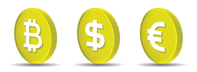 Obraz premium 3d cryptocurrency and currency coins bitcoin dollar euro vector illustration