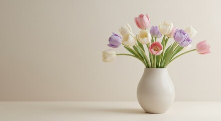 Fototapeta premium Colorful tulip flowers in white vase on a table studio shot with copy space