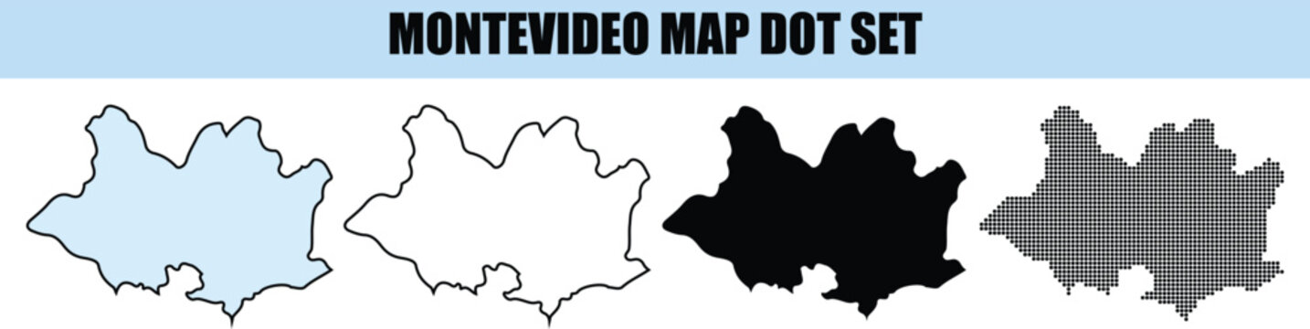 Montevideo Map Dot Set showing Uruguay capital city silhouette in various styles