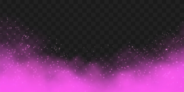 Vivid magic pink smoke cloud with shiny shimmer effect on black transparent background. Neon glowing fog with sparkling particles. Abstract fantasy vapor element for overlay.