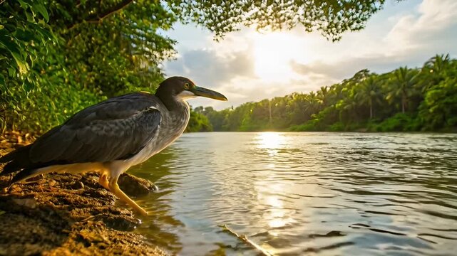 Bird resting near river edge with calm water and cloudy sky background