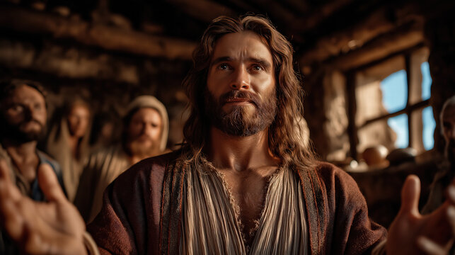 Resurrected Jesus Christ appearing to His disciples inside a humble house, bringing peace, wonder, and the first joyful moments after the resurrection