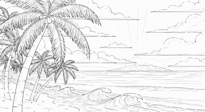 Tropical beach scene with palm trees, ocean waves, and a distant island