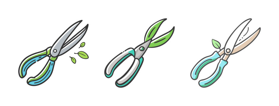 Three cartoon pairs of garden shears and pruning scissors with leaves.