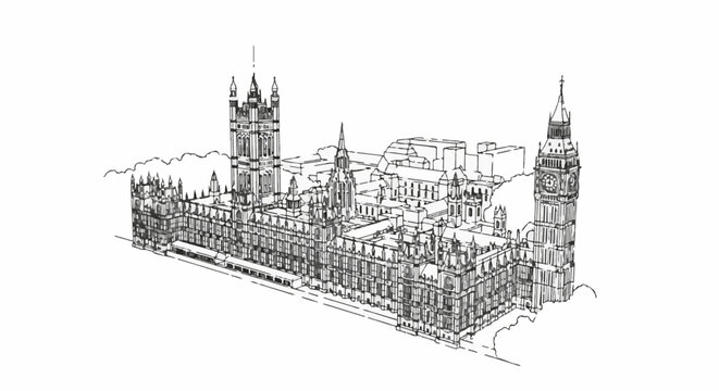 Sketch of grand gothic architecture with prominent clock tower and multiple spires