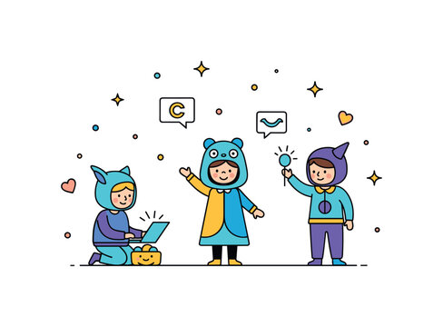 Kids in costumes imaginative roleplay concept where children act out stories in vibrant costumes while tiny sparkle and heart icons highlight creativity,