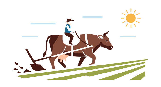 Man riding horse with plow equipment.