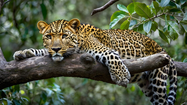 Leopard resting on tree branch camouflage blending with leaves sharp focus wildlife photography style