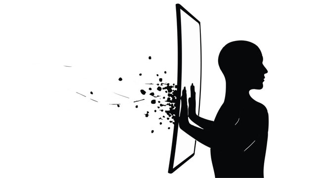 Silhouette of person touching screen with particles exploding