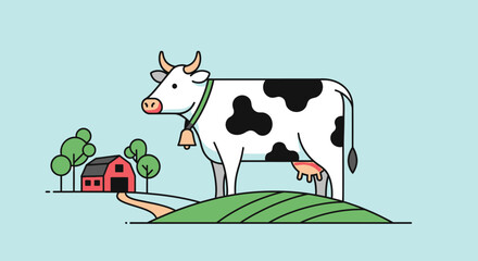 Naklejka premium Spotted Cow Standing On Green Hill.