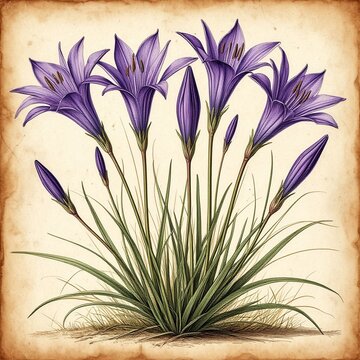Vintage Brodiaea California Hyacinth flower botanical watercolor illustration on parchment