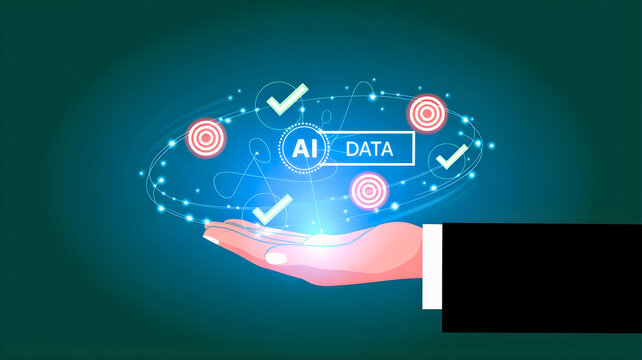 AI Data Empowerment: A digital hand cradles AI DATA within an ethereal aura, surrounded by targets and checkmarks, symbolizing accuracy and achievement in the realm of artificial intelligence.